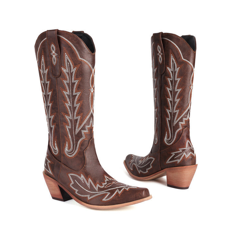 WW | Bestickte Lange Kniehohe Stiefel Spitz Zehe Chunky Absatz Hoher Absatz