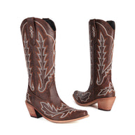 WW | Bestickte Lange Kniehohe Stiefel Spitz Zehe Chunky Absatz Hoher Absatz