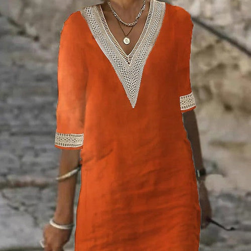 WW | Schlichtes Baumwoll Leinen Kleid Mit V-Ausschnitt Und Halben Ärmeln