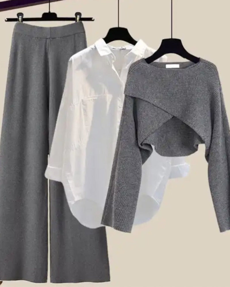 WW | Top mit Querliegendem Design, Weißes Hemd und Graue Hosen