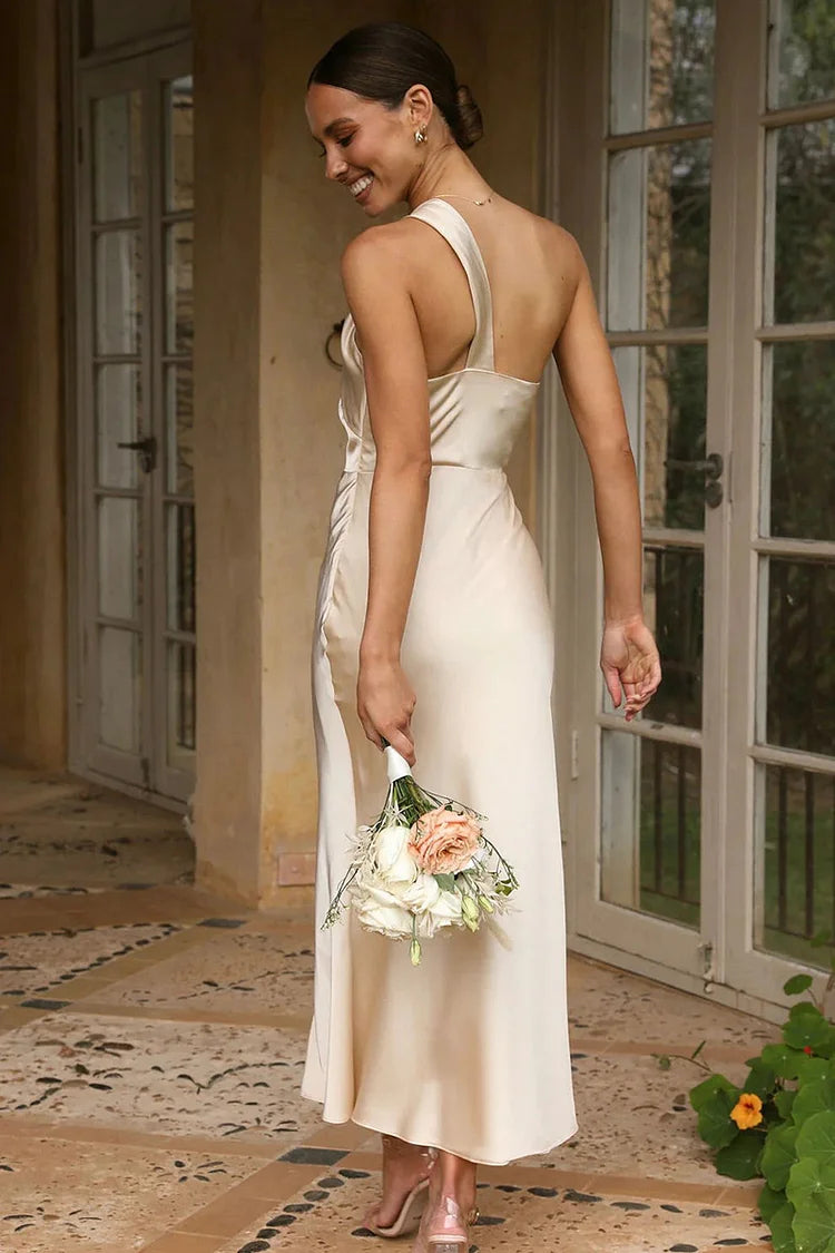 WW | Ein Schulter Rückenfreies Satin Brautjungfer Hochzeit Party Bodycon Fishtail Maxi Kleid