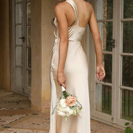 WW | Ein Schulter Rückenfreies Satin Brautjungfer Hochzeit Party Bodycon Fishtail Maxi Kleid