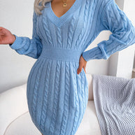 WW | Schicke Herbst Kabelstrick V-Ausschnitt Mini Kleid für Frauen