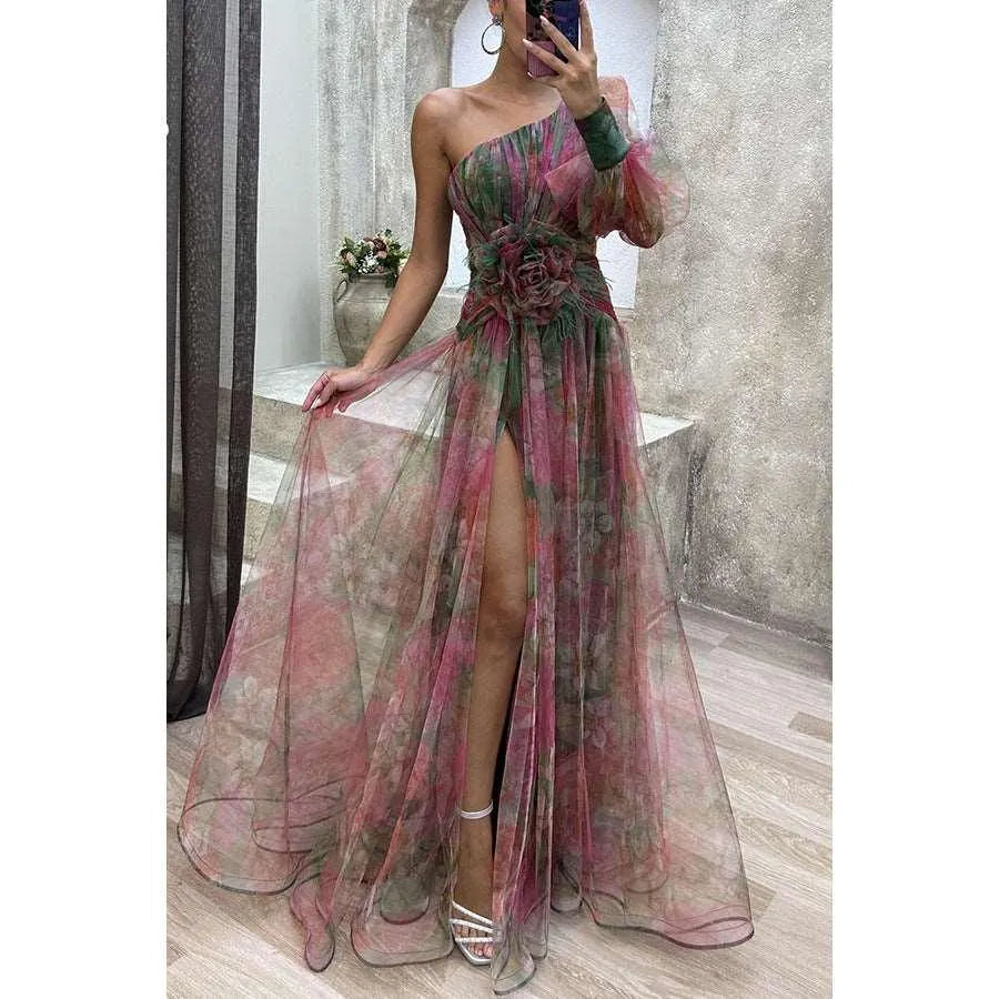 WW | Long party dress with off-the-shoulder, split print.