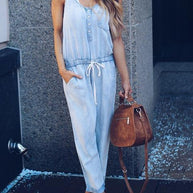 WW | Slim Ärmellos Taille Denim Jumpsuit