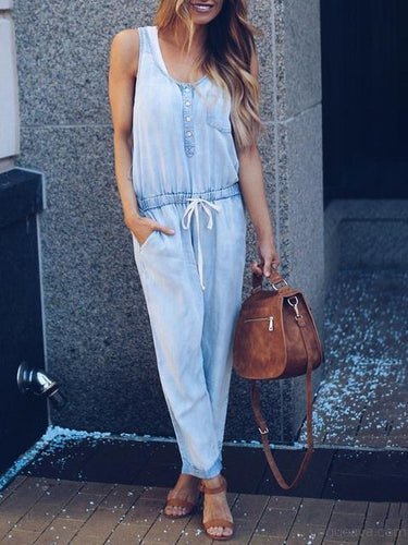 WW | Slim Ärmellos Taille Denim Jumpsuit