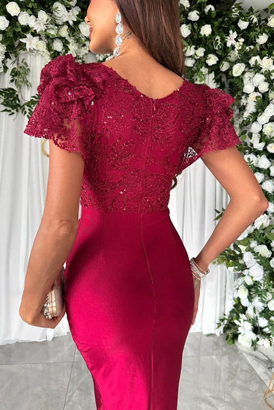 WW | Traumhafte Luxus Spitze und Satin Patchwork Rüschenausgestellte Midi Kleid