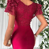 WW | Traumhafte Luxus Spitze und Satin Patchwork Rüschenausgestellte Midi Kleid