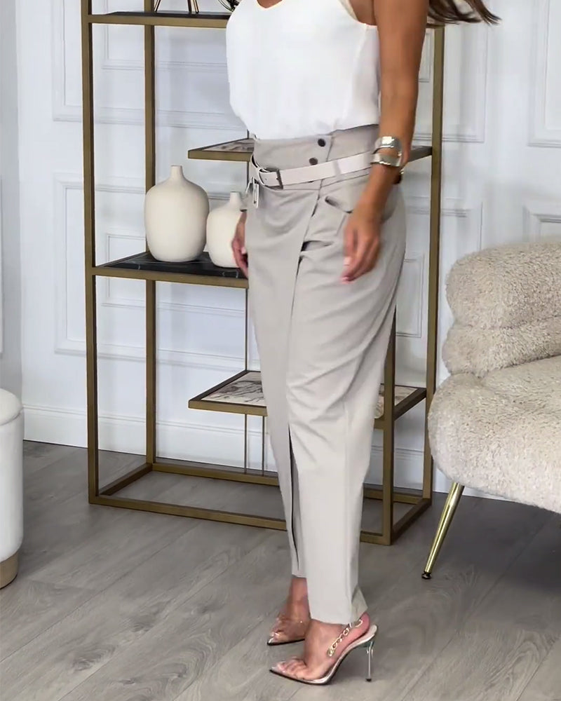 WW | Stilvolle Einfarbige Hosen mit Taschen und Quer Verlaufendem Design