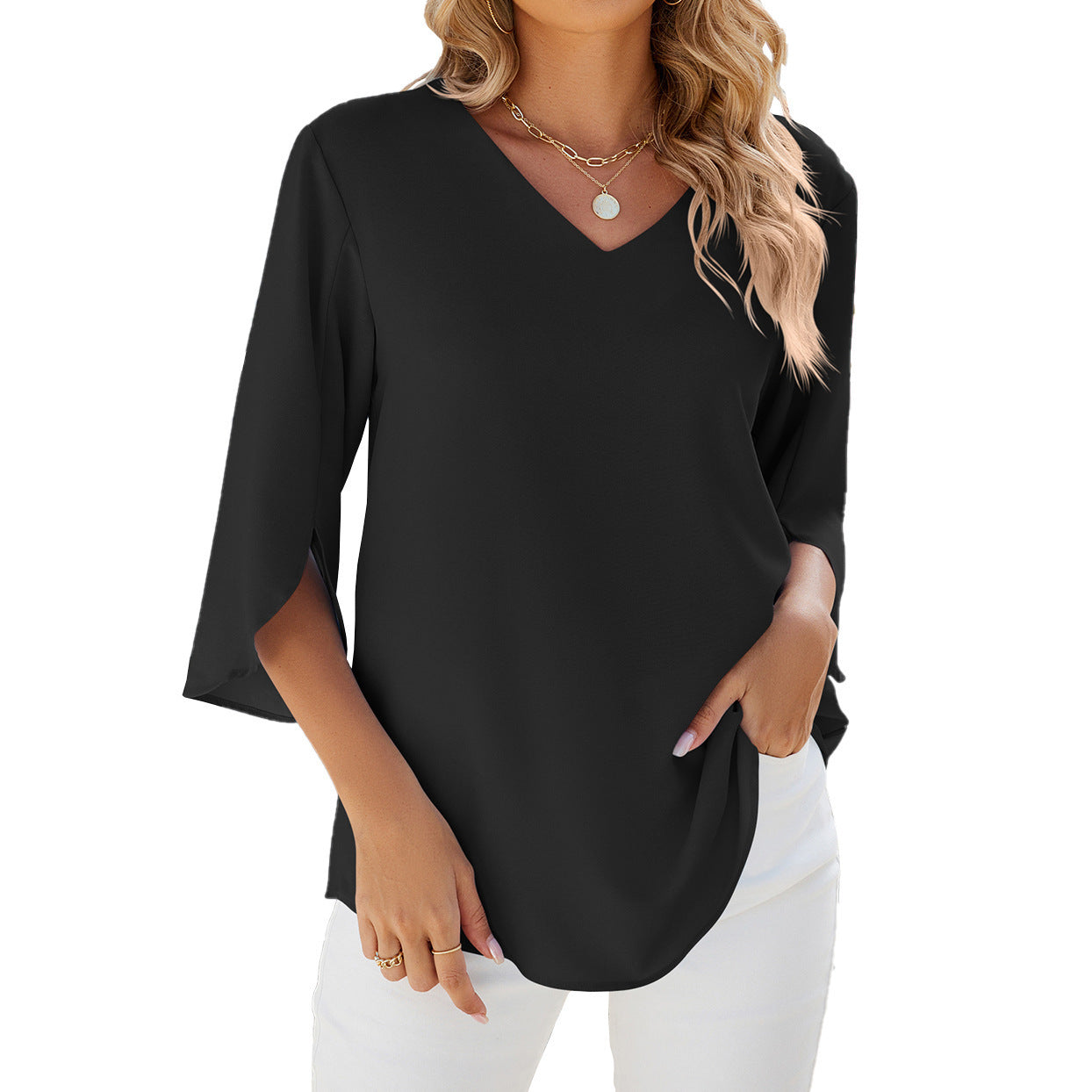 WW | Lockeres Chiffon Blusentop Mit V-Ausschnitt