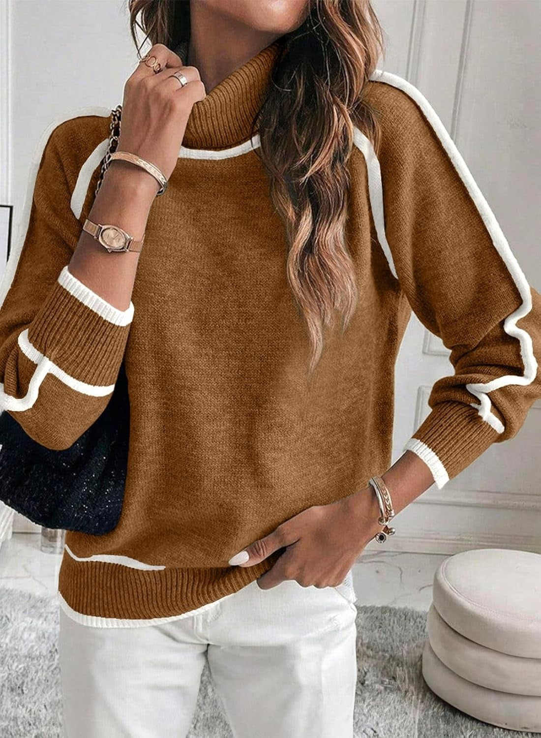 WW | Damen Rollkragenpullover mit kontrastierenden Nähten - lässiger Oversized-Pullover