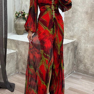 WW | Sunset Serenade Bedrucktes Off-Shoulder Maxikleid mit Diamantverzierungen und Faltenröcken mit Schlitz