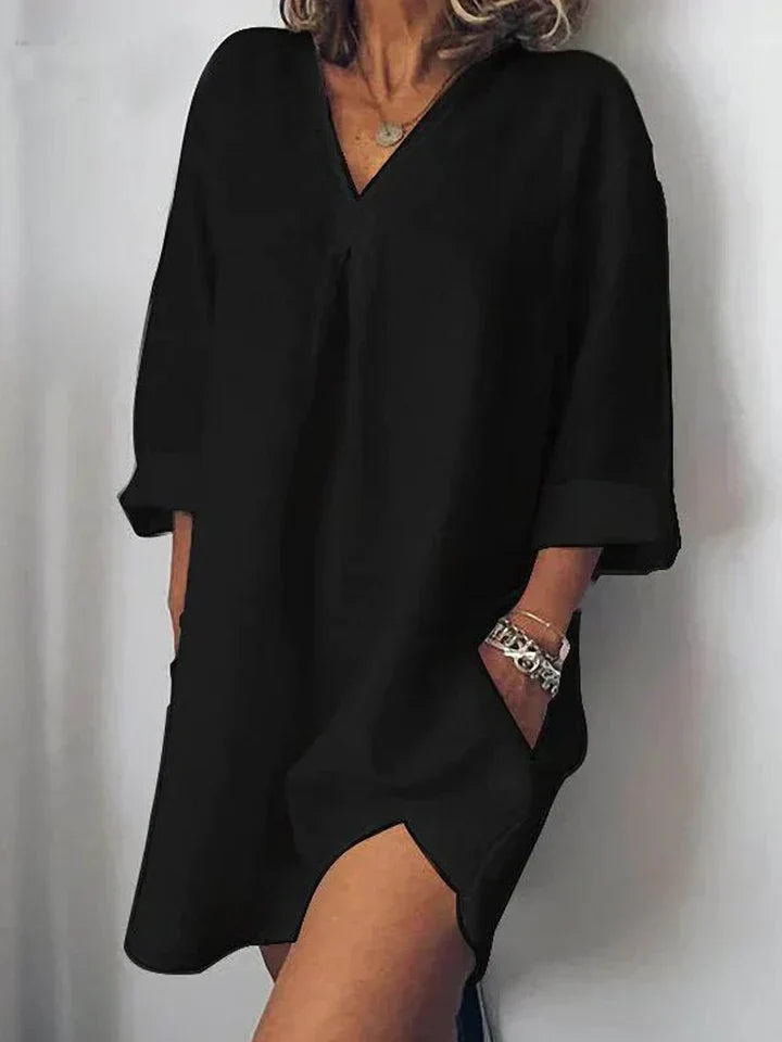 Damen-Leinenkleid mit V-Ausschnitt und halblangen Ärmeln