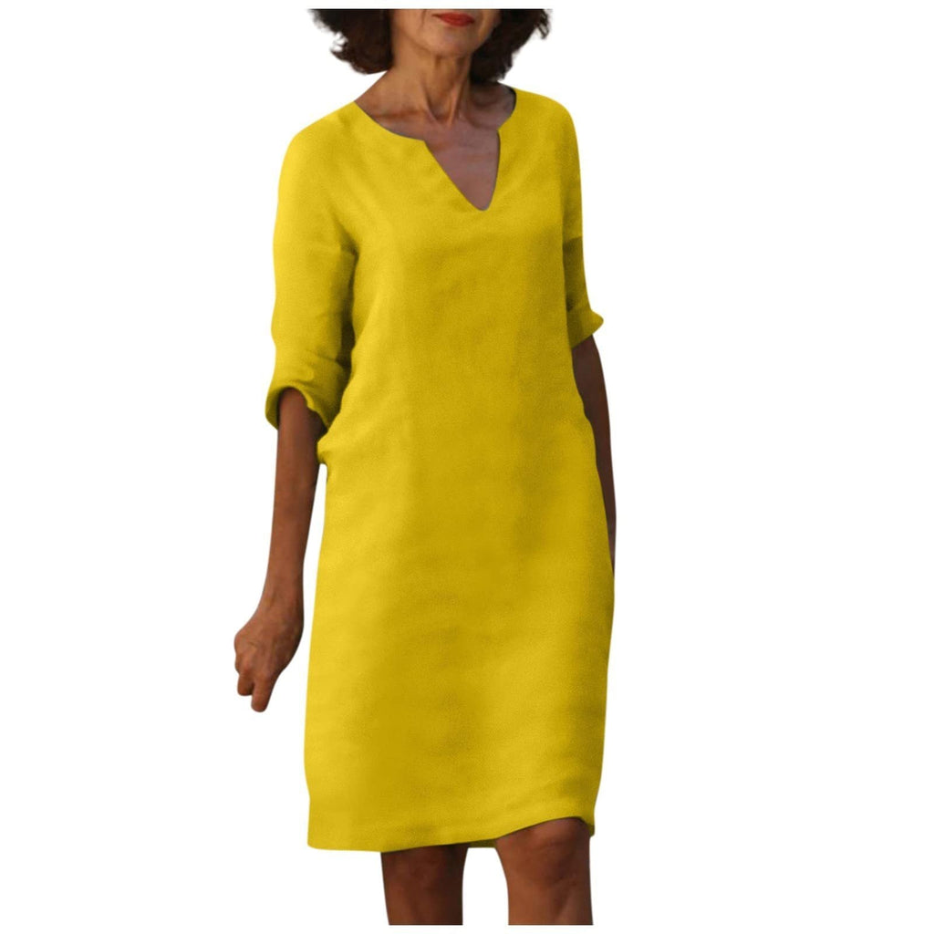 WW | Baumwolle und Leinen V-Ausschnitt Kleid Sommer Nähen Retro Hohe Taille Einfarbige Kleider