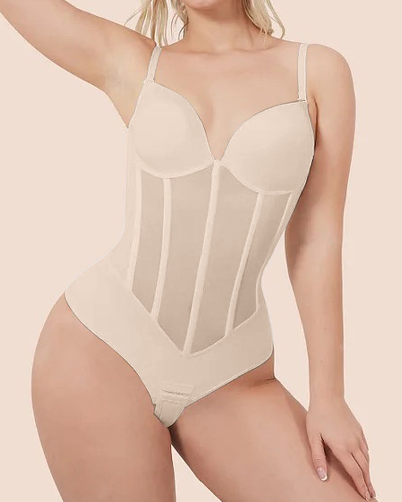 Damen Bauch Kontrolle Tanga schiere Mesh Korsett Top rückenfrei Bodysuit