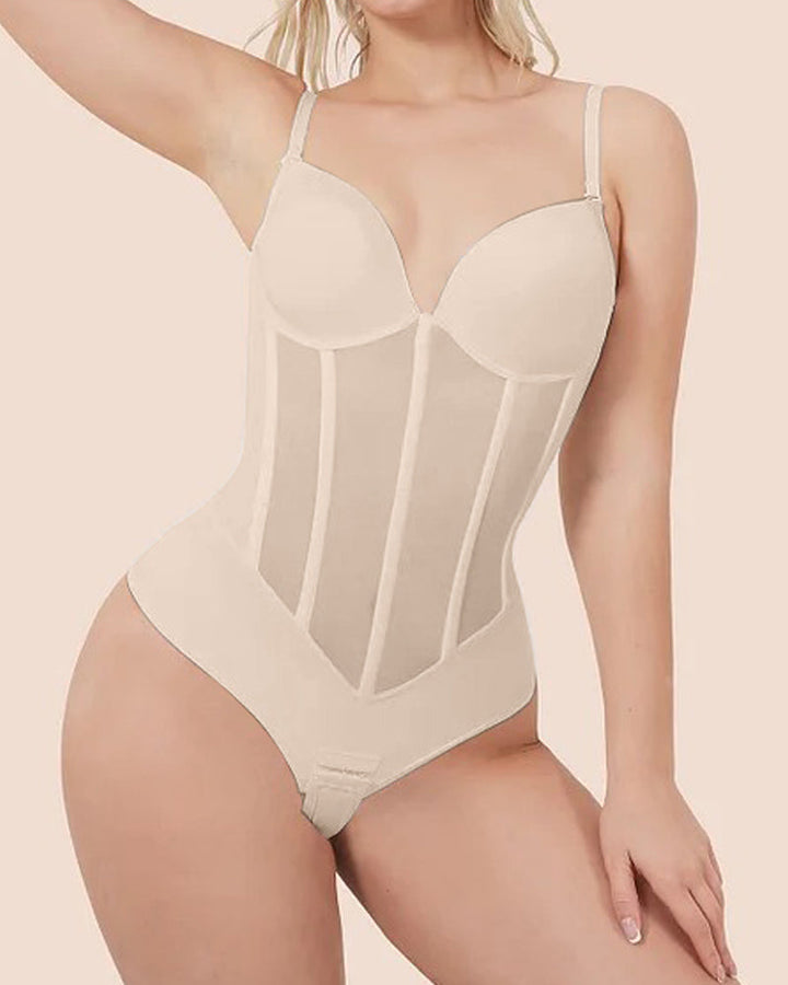 Damen Bauch Kontrolle Tanga schiere Mesh Korsett Top rückenfrei Bodysuit