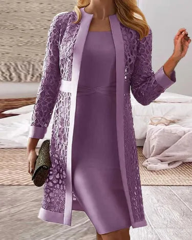 WW | Damen Spitze Strickjacke Kleid Zweiteiliges Set