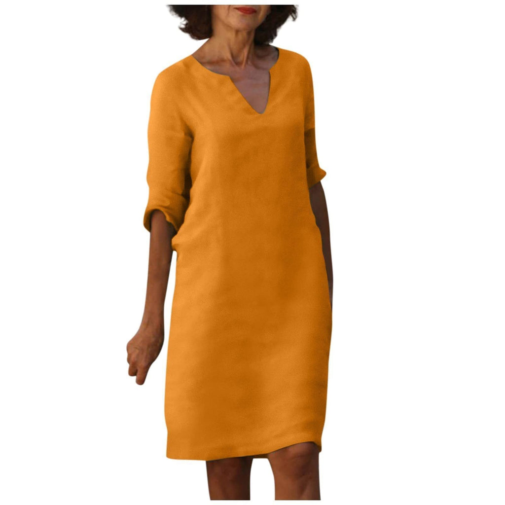 WW | Baumwolle und Leinen V-Ausschnitt Kleid Sommer Nähen Retro Hohe Taille Einfarbige Kleider