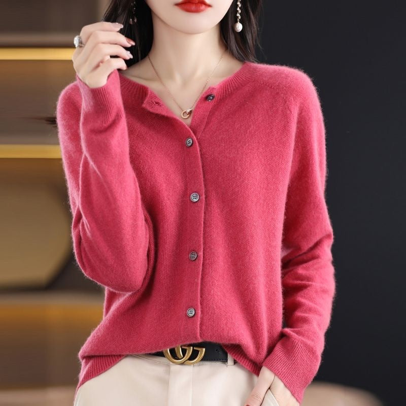 WW | Merino Woll Strickjacke Mit Rundhalsausschnitt Und Langen Ärmeln