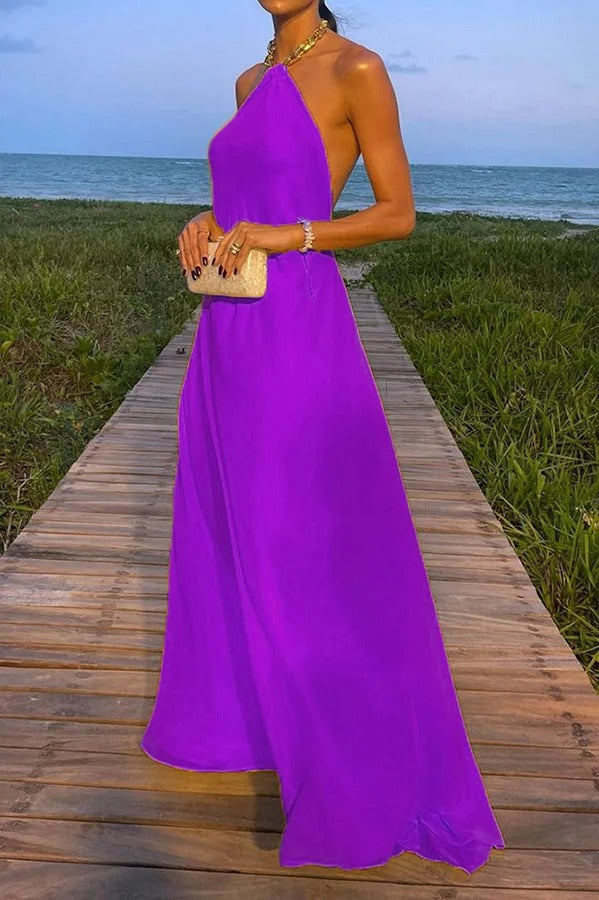WW | Sunny In Santorini Ketten-Halter Rückenfreies A-Linie Urlaub Maxi Kleid