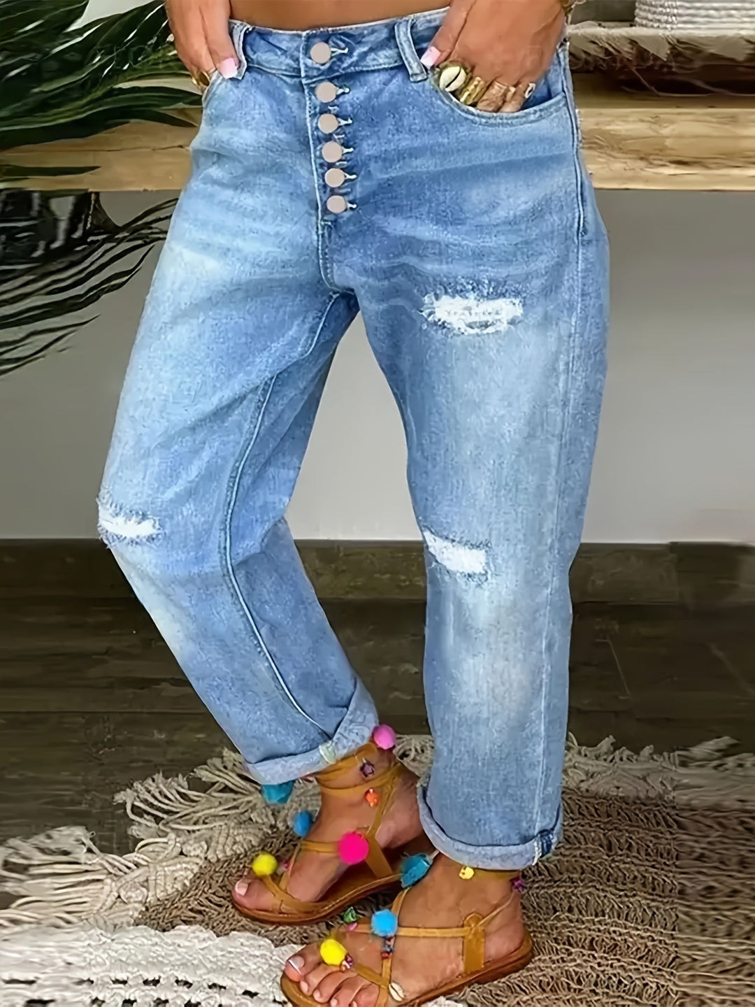 W&W Mode | Verwitterte Blaue Damen Stretchjeans