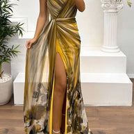 WW | In A Dreamland Chiffon Floral Print Off Shoulder Pleated Scarf Slit Maxi Kleid