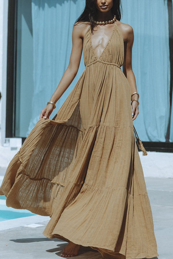 W&W Mode – Neckholder-Maxikleid aus Leinenmischung mit rückenfreiem Schlitz