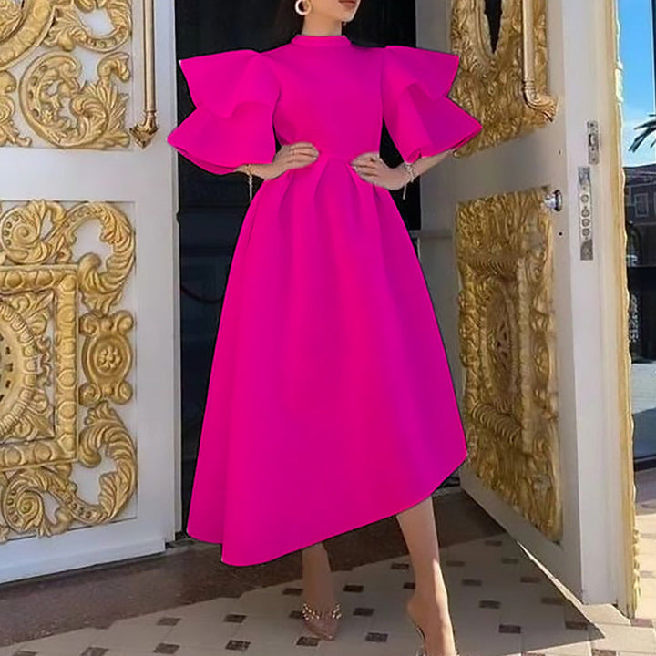 Damen Midikleid mit Stehkragen, hoher Taille und Trompetenärmeln