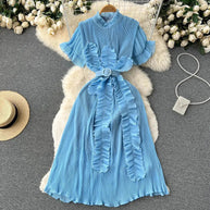 WW | Langarm Maxikleid mit plissierten Volants