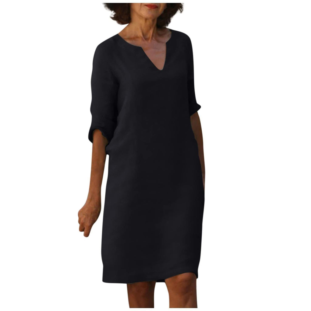 WW | Baumwolle und Leinen V-Ausschnitt Kleid Sommer Nähen Retro Hohe Taille Einfarbige Kleider