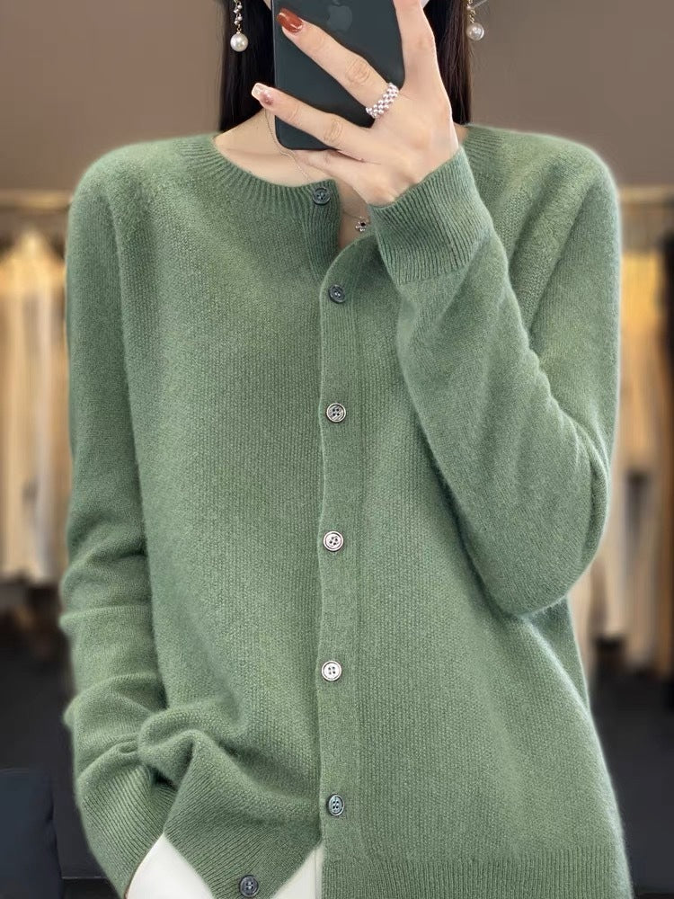 WW | Merino Woll Strickjacke Mit Rundhalsausschnitt Und Langen Ärmeln
