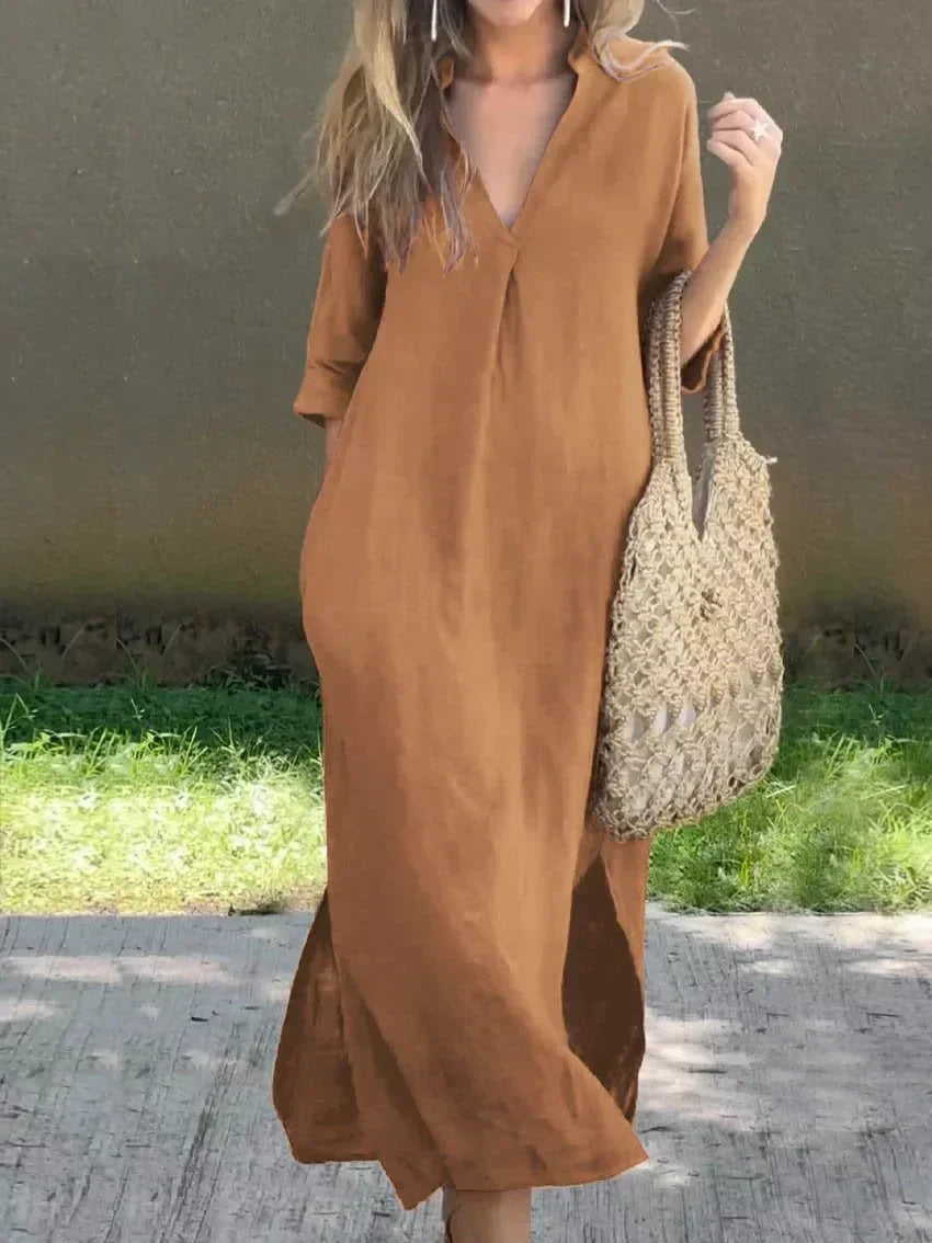 W&W Mode | Schlichte Leinenkleid mit V-Ausschnitt und Tasche
