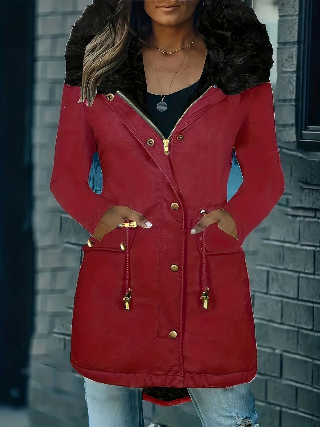 W&W Mode | Zip up Parka Mantel mit Knöpfen Kapuze Damen Winterjacke