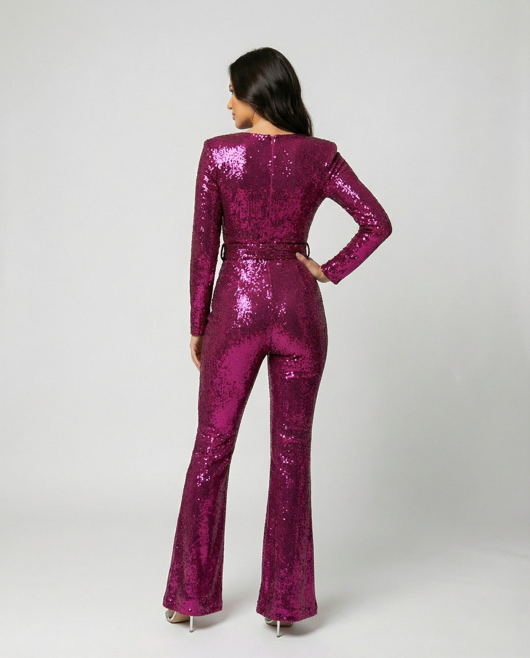 W&W Mode - Eleganter Pailletten Jumpsuit mit Langarm Figurbetonte Passform