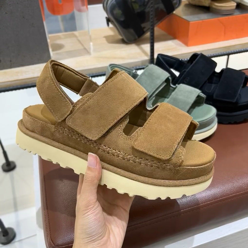 WW | Frühling und Sommer Neue Echtes Leder Dicke Sohle Riemen Klettsandalen Frauen Offene Zehe Höhensteigerung