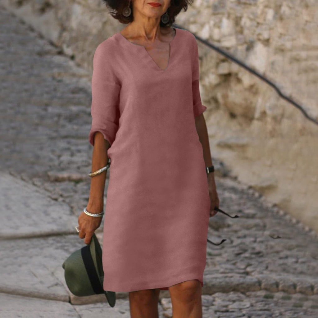 WW | Baumwolle und Leinen V-Ausschnitt Kleid Sommer Nähen Retro Hohe Taille Einfarbige Kleider