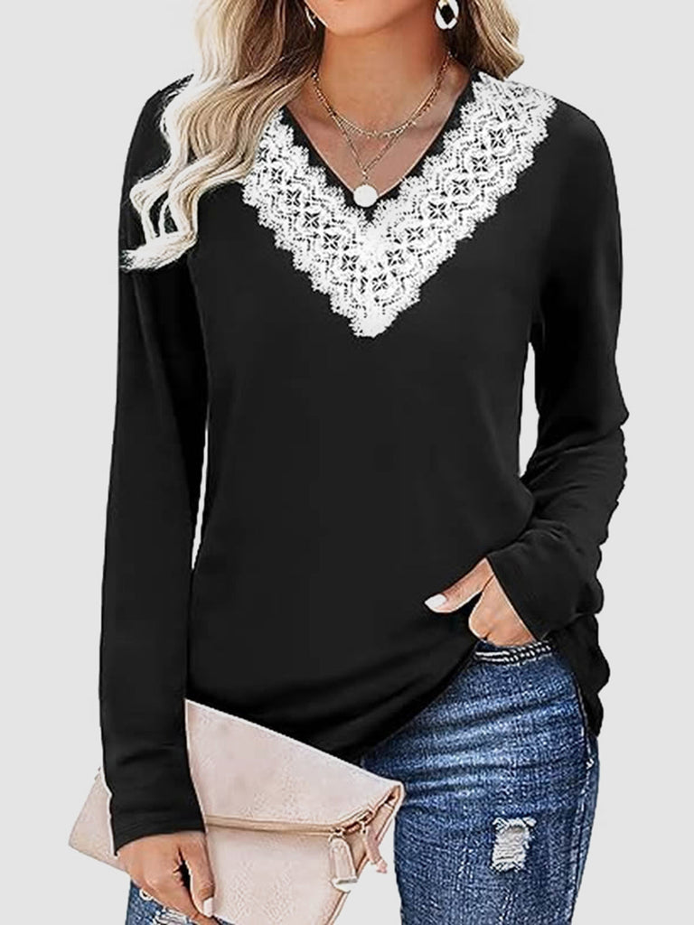 WW | Spitzen-Detail V-Ausschnitt Langarm-T-Shirt