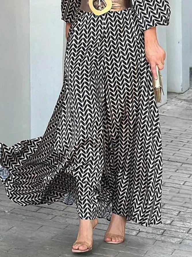 WW Maxi-Kleid | Elegantes modernes Damenkleid in A-Linie mit langen Ärmeln und Gürtel