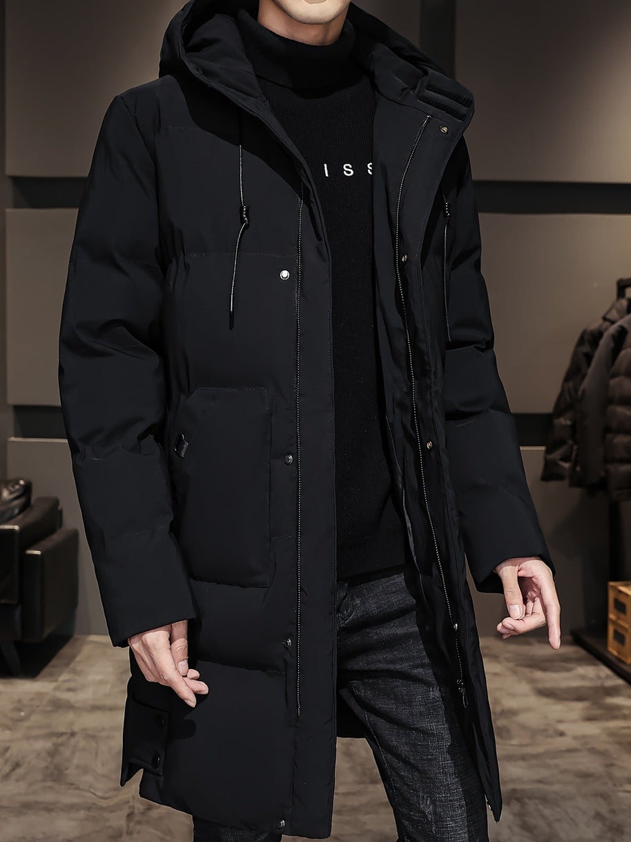 WW |  Schwarze Gepolsterte Lange Jacke Mit Kapuze Baumwoll Winterjacke Für Herren - Perfekt für Outdoor Aktivitäten