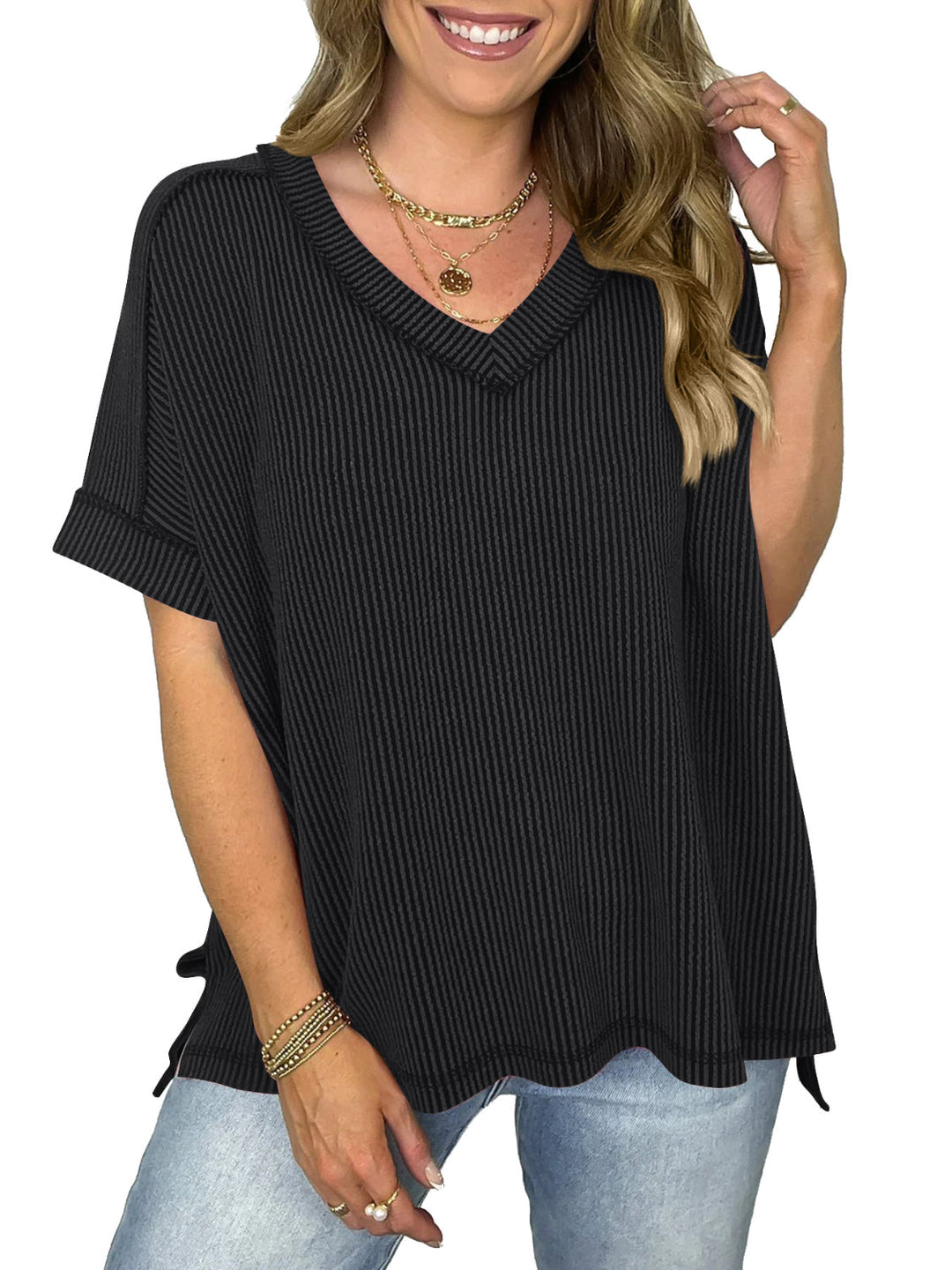 W&W Mode | Cord-Ripp V-Ausschnitt Kurzarm T-Shirt