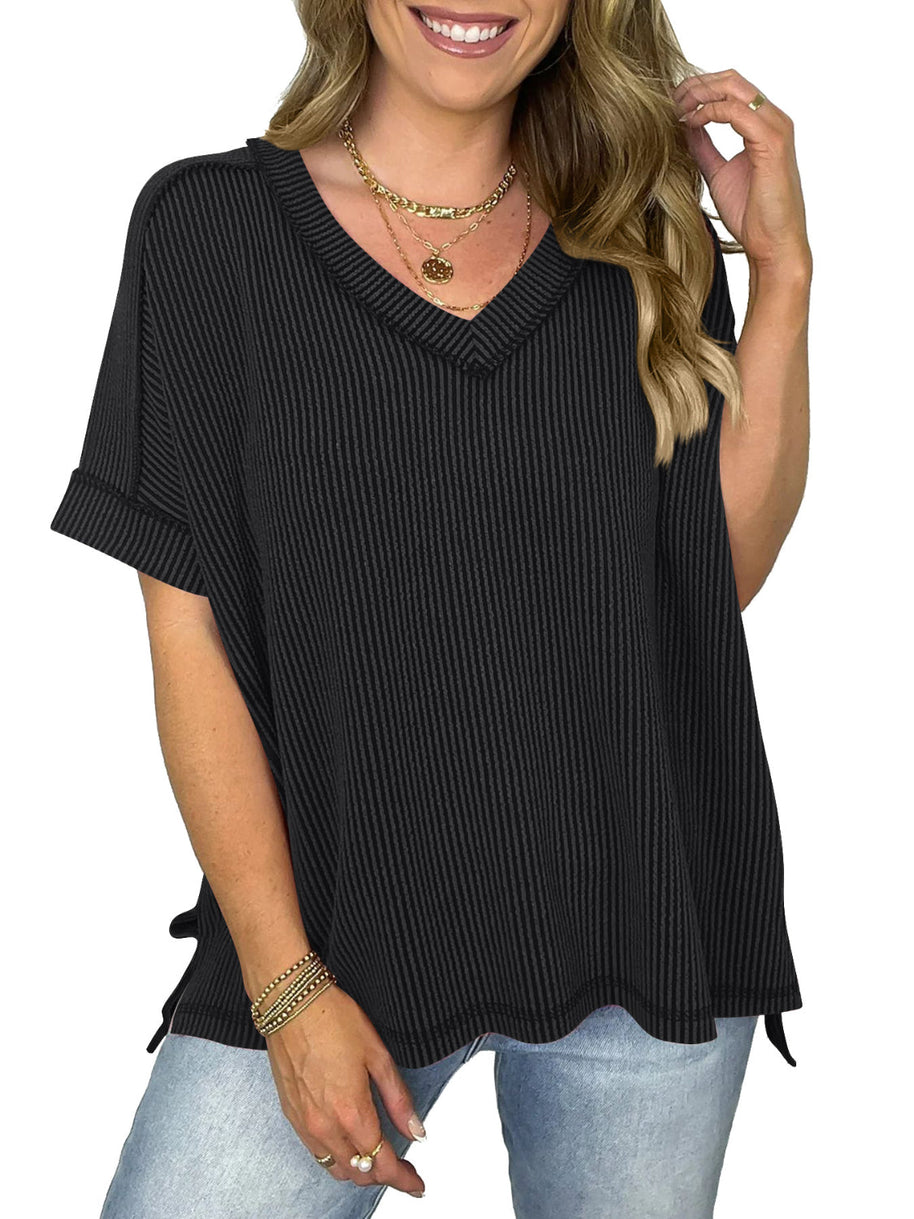 WW | Cord-Ripp V-Ausschnitt Kurzarm T-Shirt