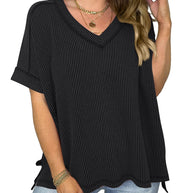 WW | Cord-Ripp V-Ausschnitt Kurzarm T-Shirt