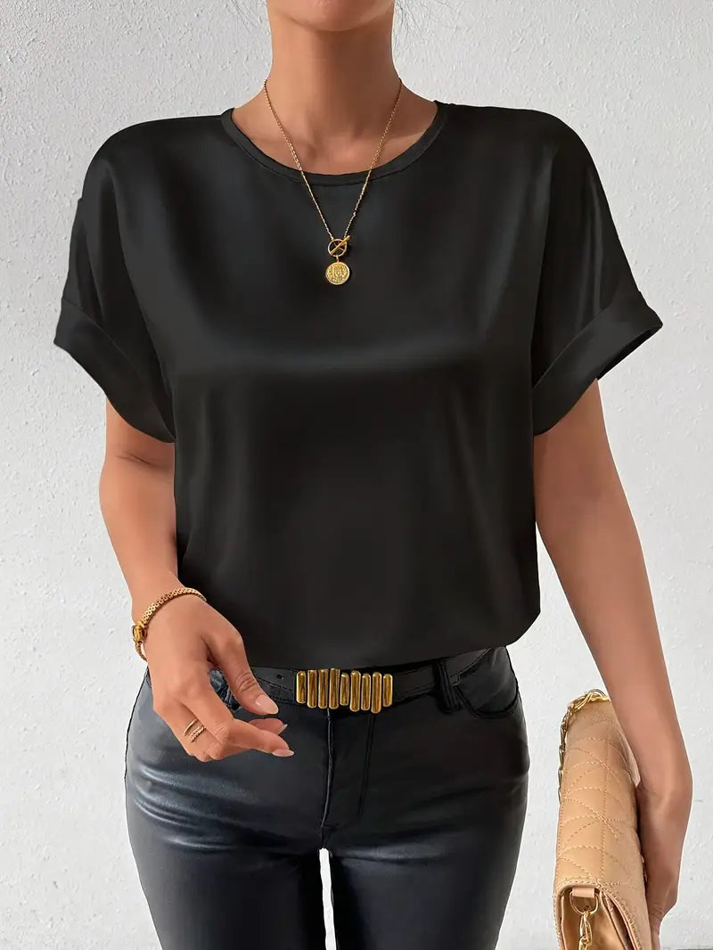 WW | Satin T-Shirt Mit Umgeschlagenen Ärmeln Für Damen