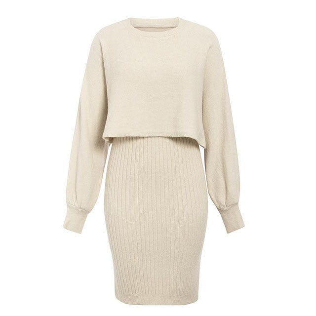 W&W Mode | teilige gestrickte Set - elegantes gestricktes ärmelloses Kleid mit Pullover für Herbst und Winter