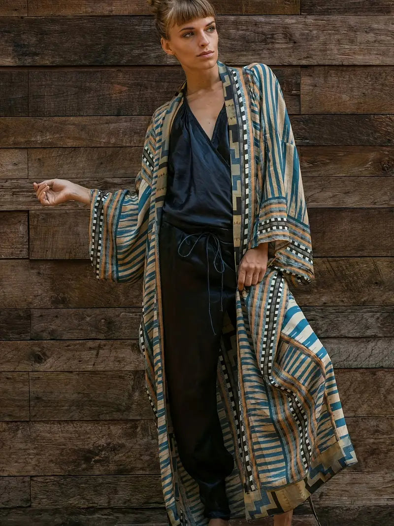 W&W Mode | Boho Plus Size Kimono mit Bindegürtel Maxi Tunika