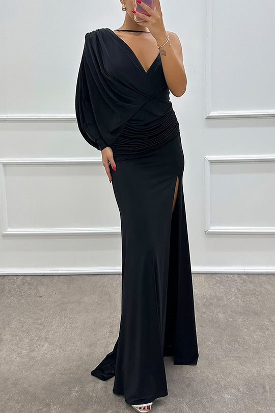 WW | Like Venus Ein Schulter Bat Sleeve Raffung Detail Schlitz Kleid Maxi Dress