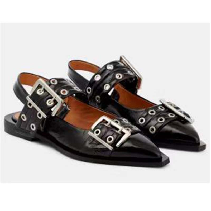 WW | Spitz Zehen Gürtel Schnalle Mules Leder Flach Sandalen