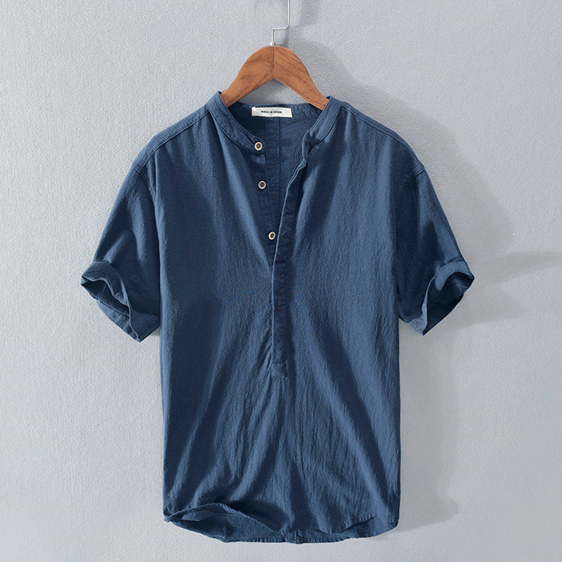 WW | Herren T-shirt Mit Stehkragen Aus Japanischem Eis Seiden Leinen