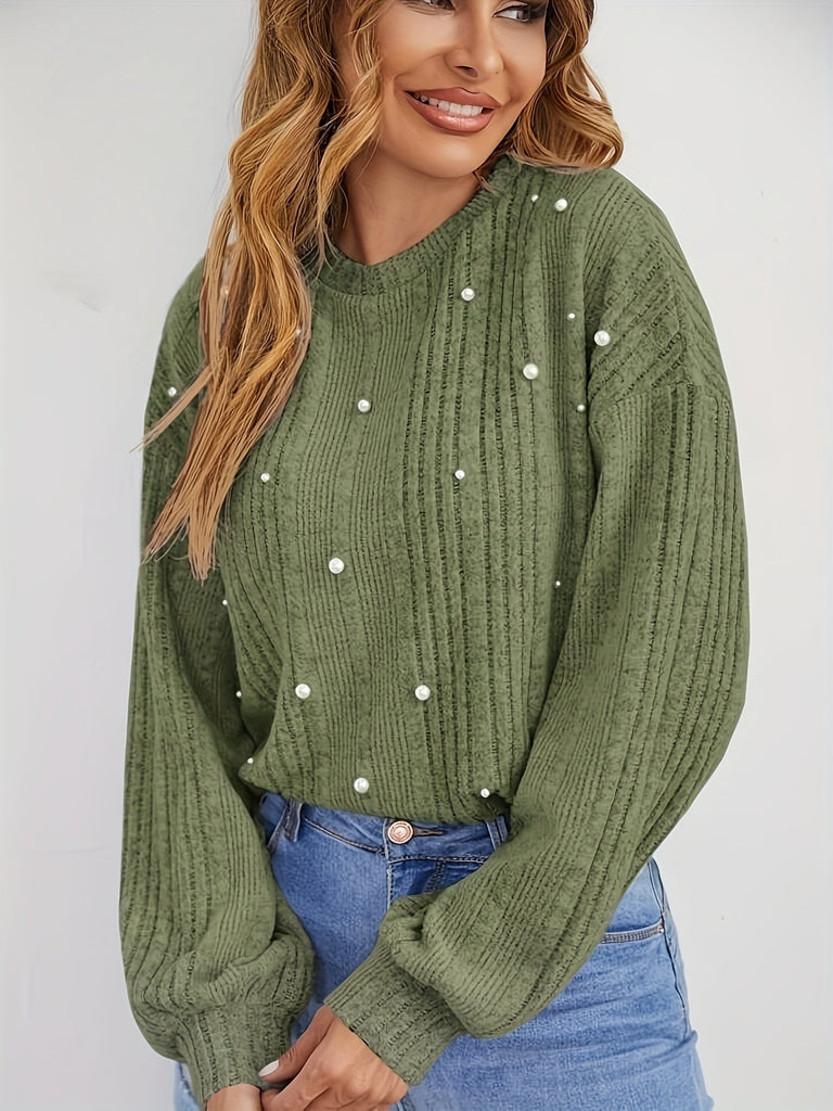 WW | Gerippter Pullover mit Rundhalsausschnitt und Perlen-Dekoration