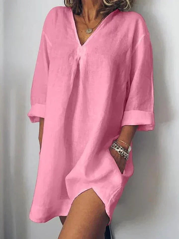 Damen-Leinenkleid mit V-Ausschnitt und halblangen Ärmeln